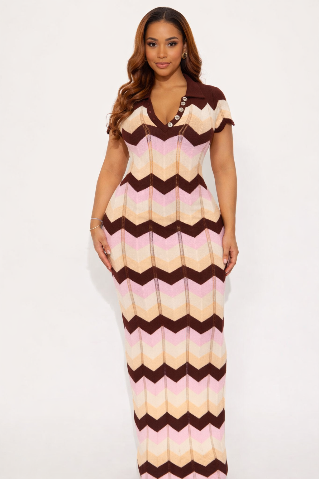 Retro Chevron Ribbed Knit Maxi Dress