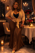 Chocolate Brown Pleated Maxi Skirt & Champagne Wrap Cardigan Set