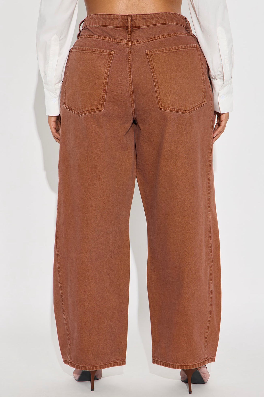 High-Rise Wide Leg Barrel Jeans - Cognac Brown Denim