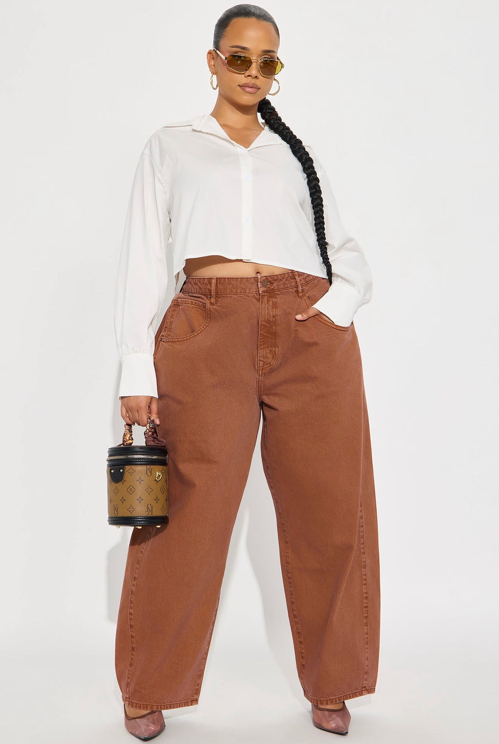High-Rise Wide Leg Barrel Jeans - Cognac Brown Denim