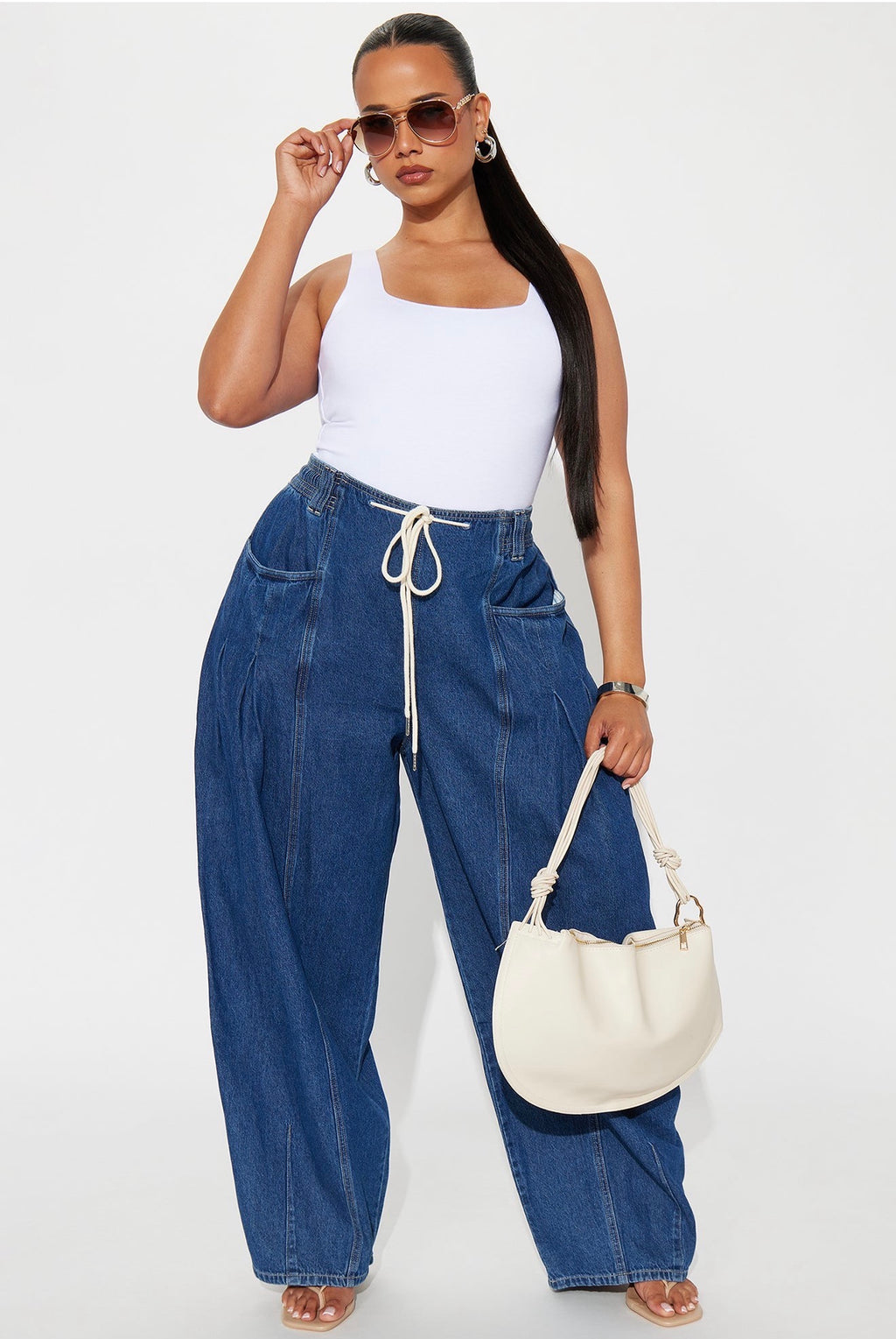 High-Rise Wide Leg Denim Joggers - Drawstring Waist & Seam Detail