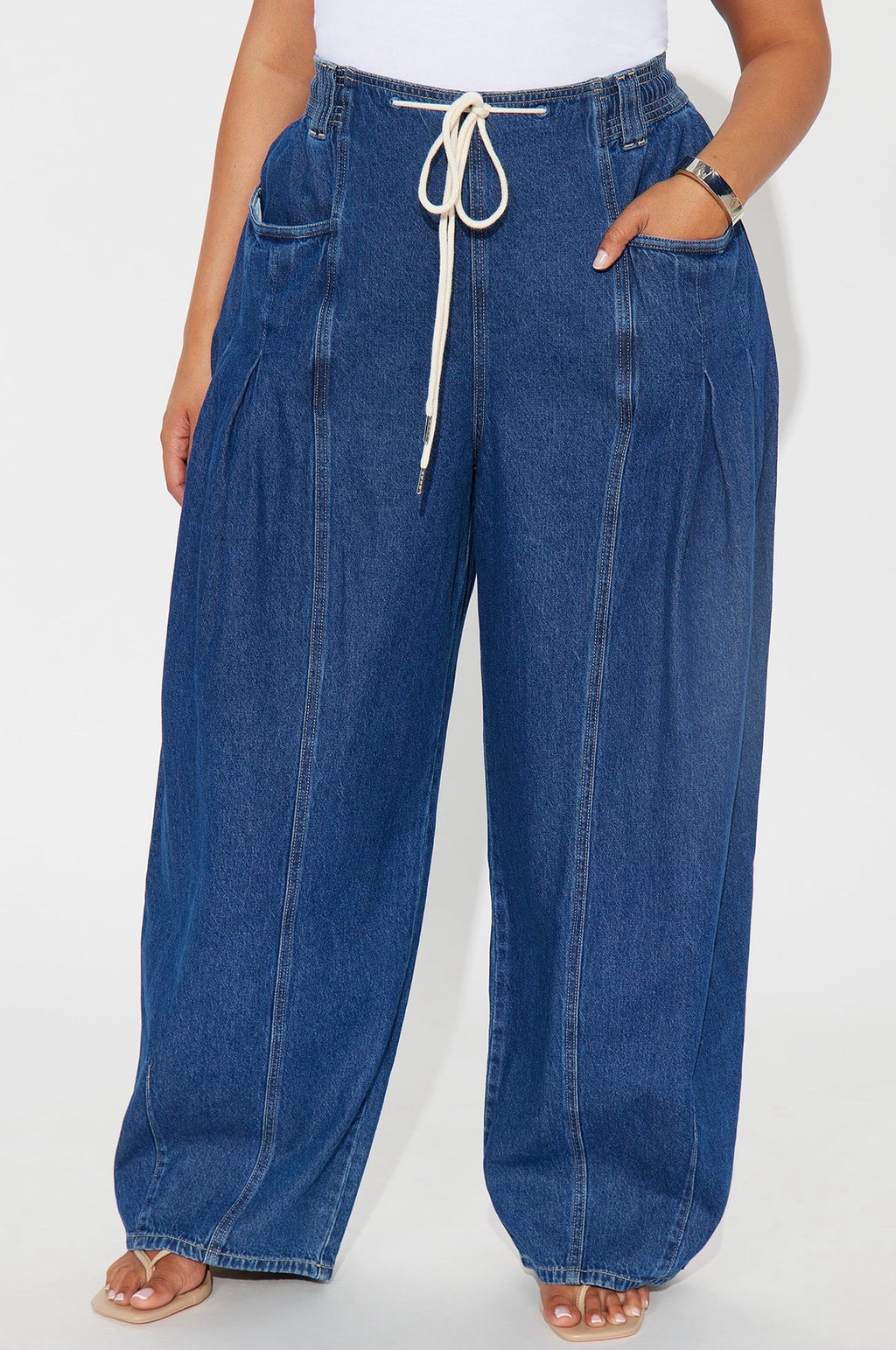 High-Rise Wide Leg Denim Joggers - Drawstring Waist & Seam Detail