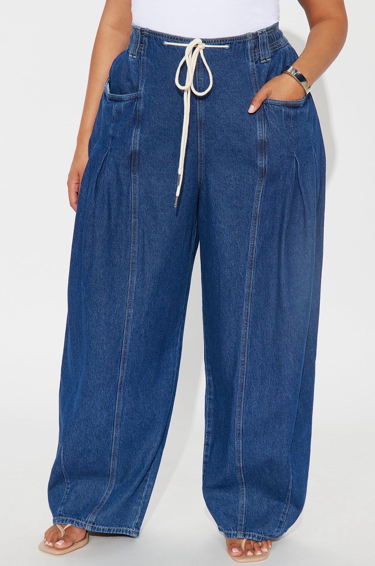 High-Rise Wide Leg Denim Joggers - Drawstring Waist & Seam Detail