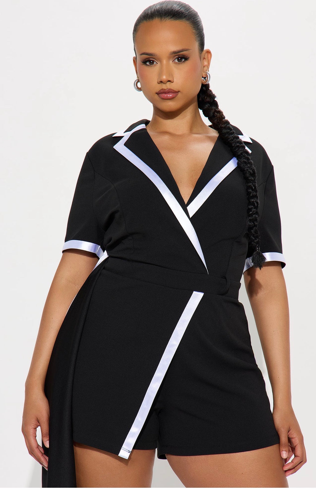 Black Tuxedo Blazer Romper with Contrast Piping & Draped Sash