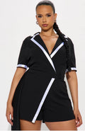 Black Tuxedo Blazer Romper with Contrast Piping & Draped Sash