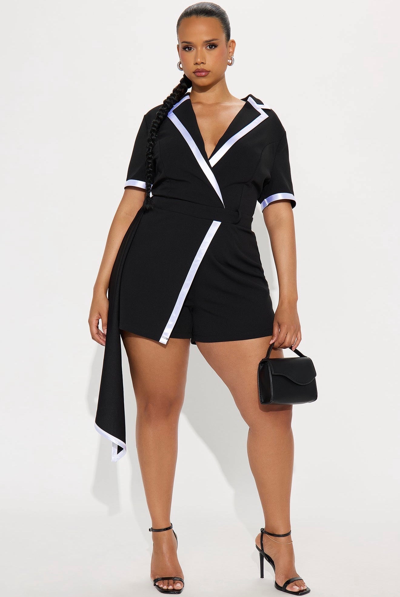 Black Tuxedo Blazer Romper with Contrast Piping & Draped Sash