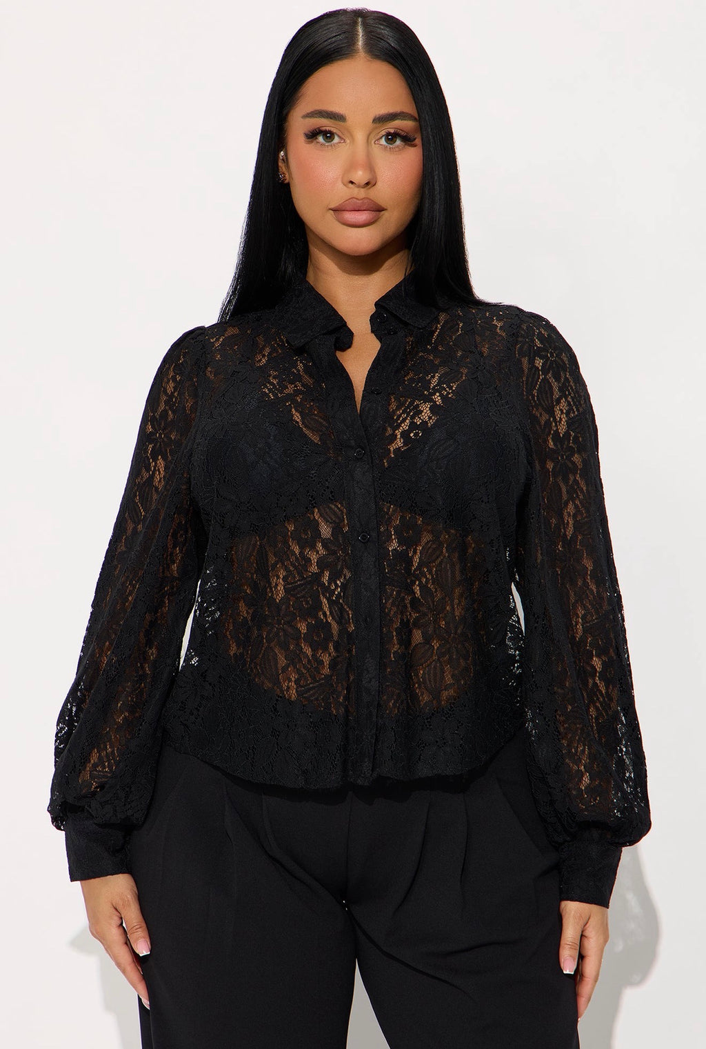 Romantic Sheer Black Lace Long Sleeve Button-