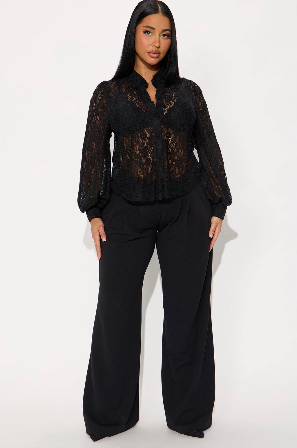 Romantic Sheer Black Lace Long Sleeve Button-