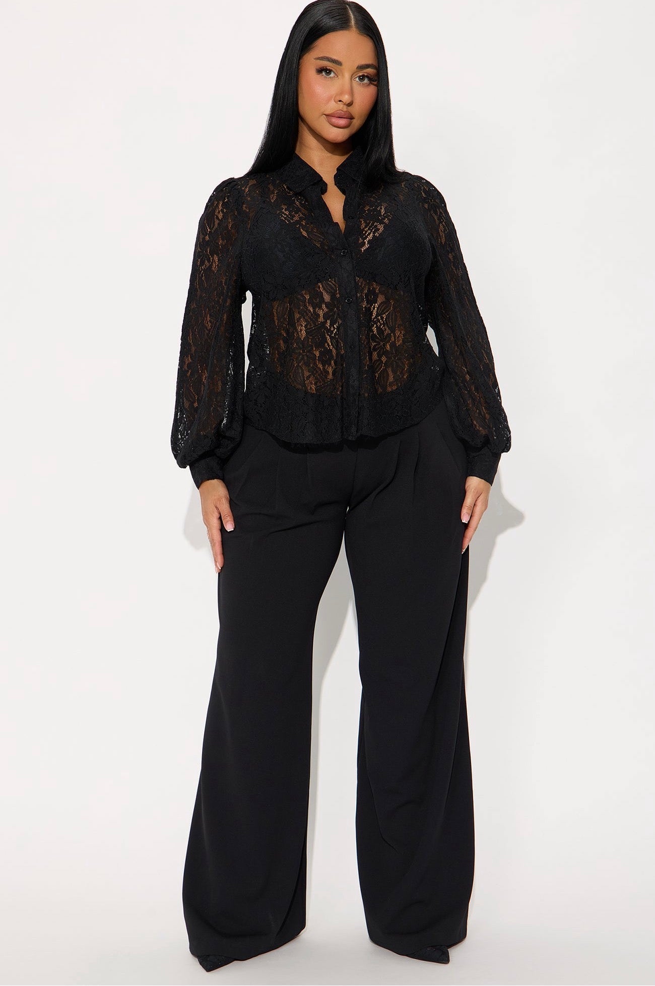 Romantic Sheer Black Lace Long Sleeve Button-