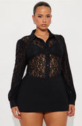 Romantic Sheer Black Lace Long Sleeve Button-