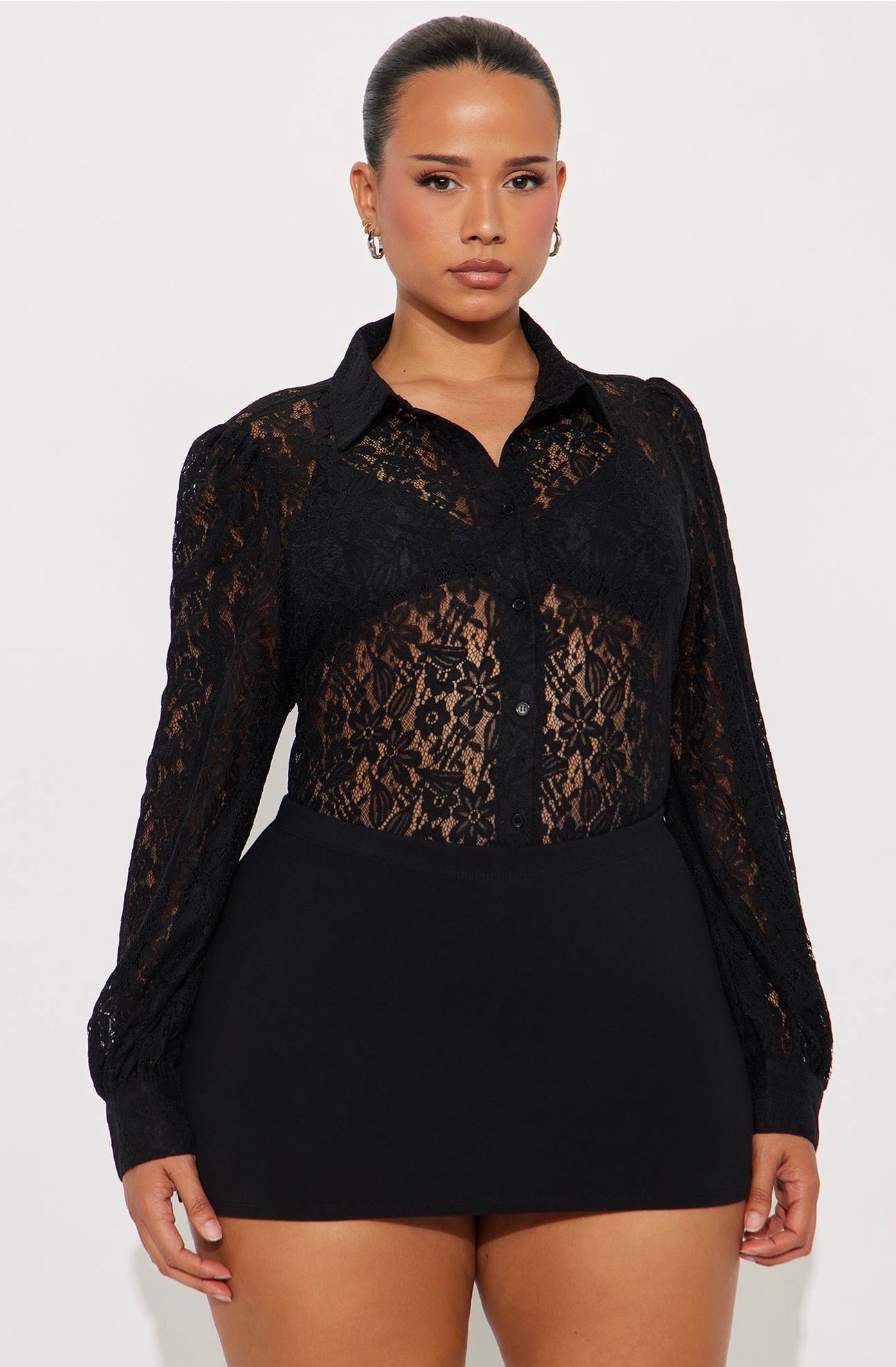 Romantic Sheer Black Lace Long Sleeve Button-