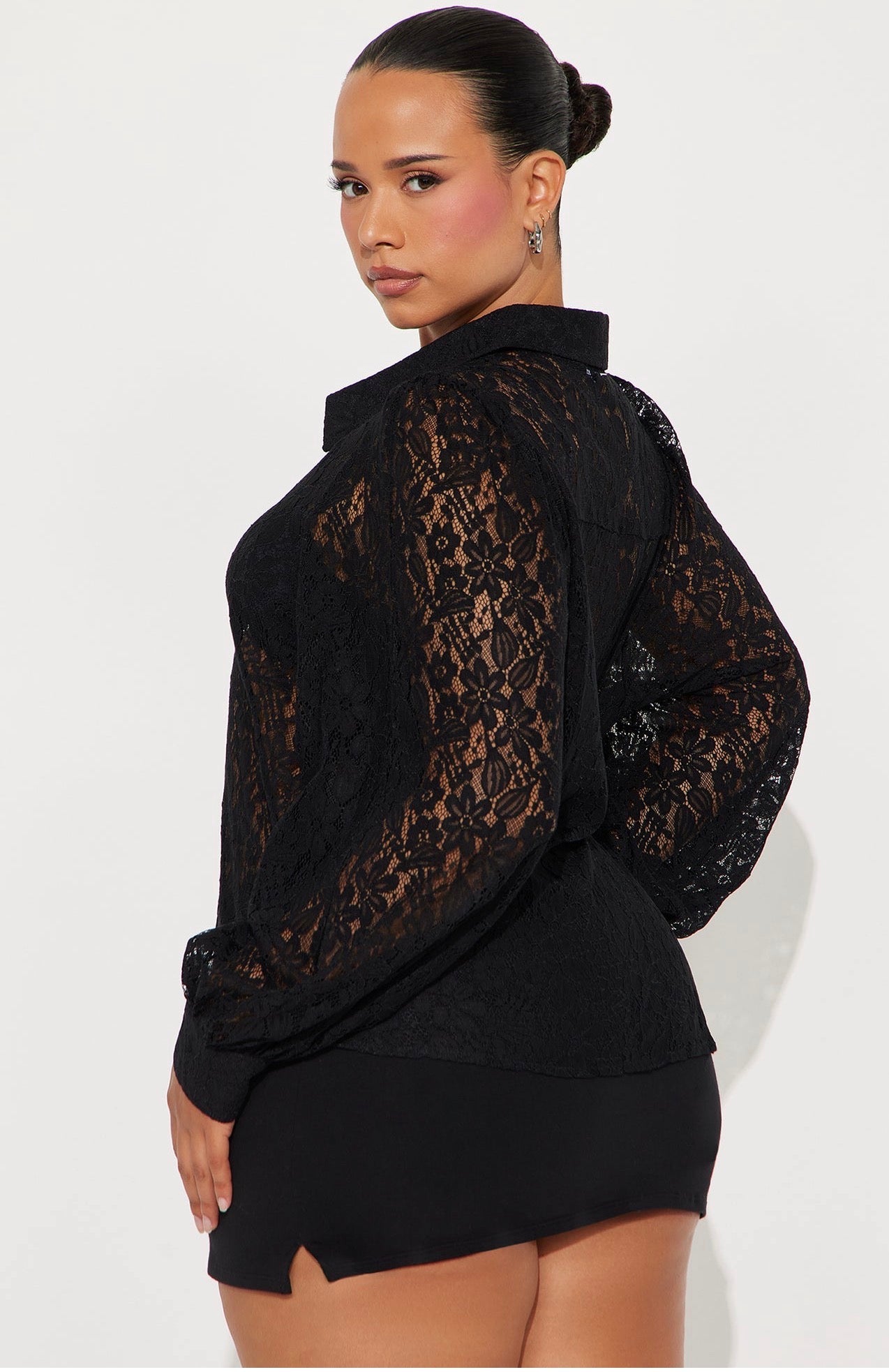 Romantic Sheer Black Lace Long Sleeve Button-