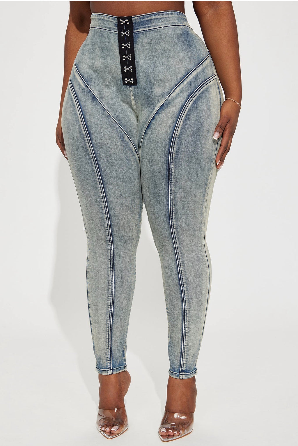 High-Rise Hook-and-Eye Corset Jeans with Contour Seaming