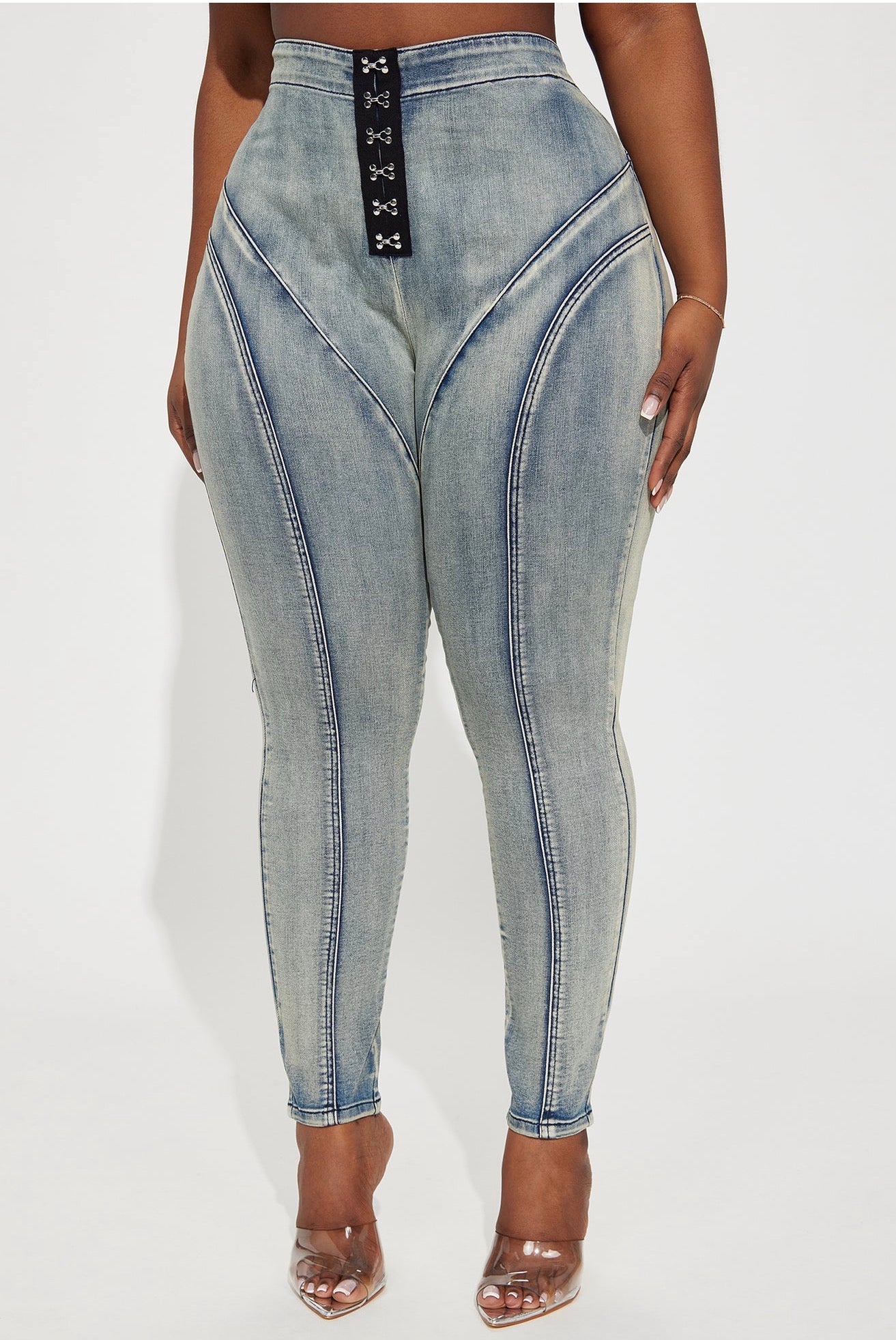 High-Rise Hook-and-Eye Corset Jeans with Contour Seaming