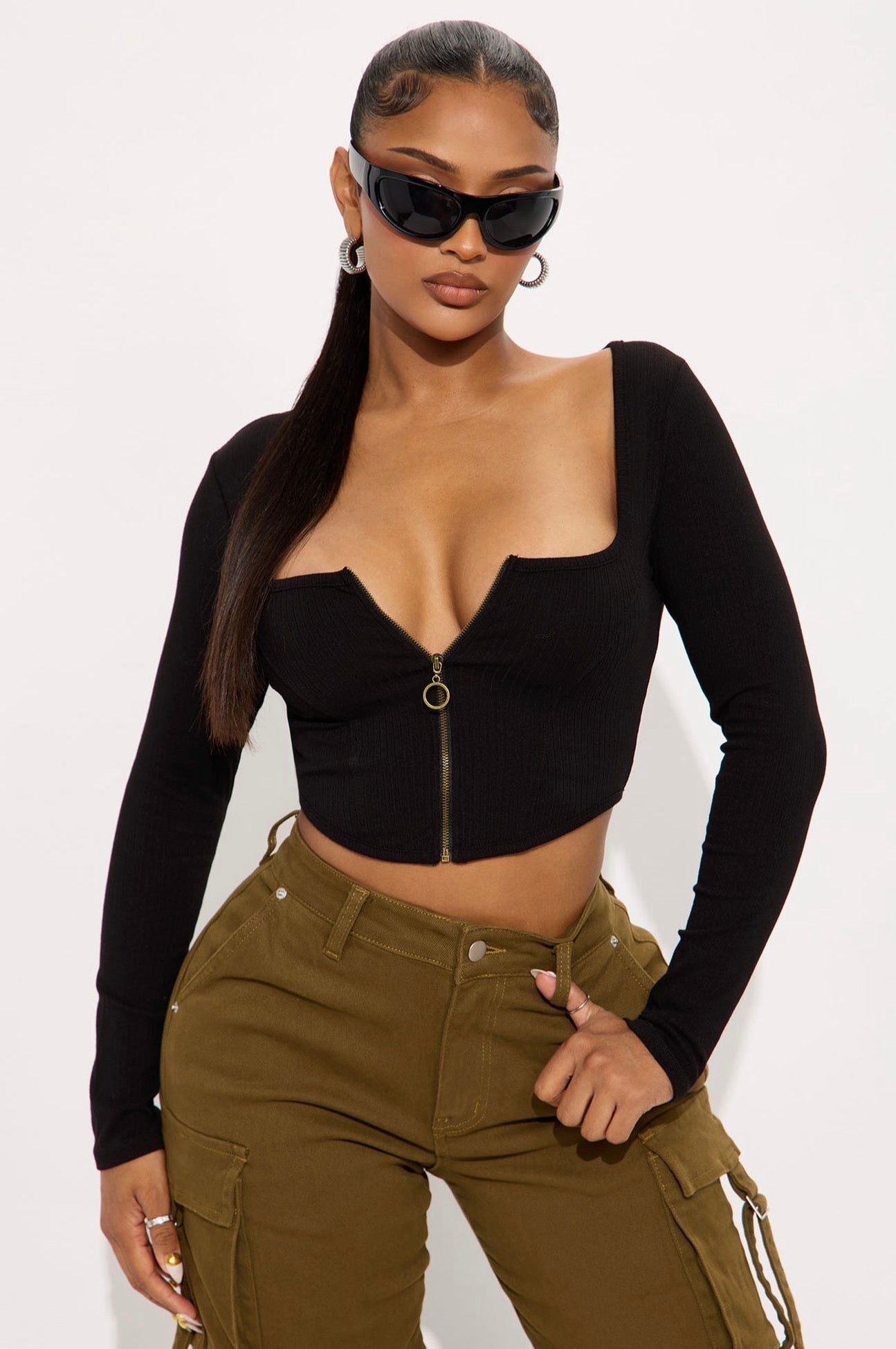 Black Ribbed Long Sleeve Corset Top with O-Ring Zipper