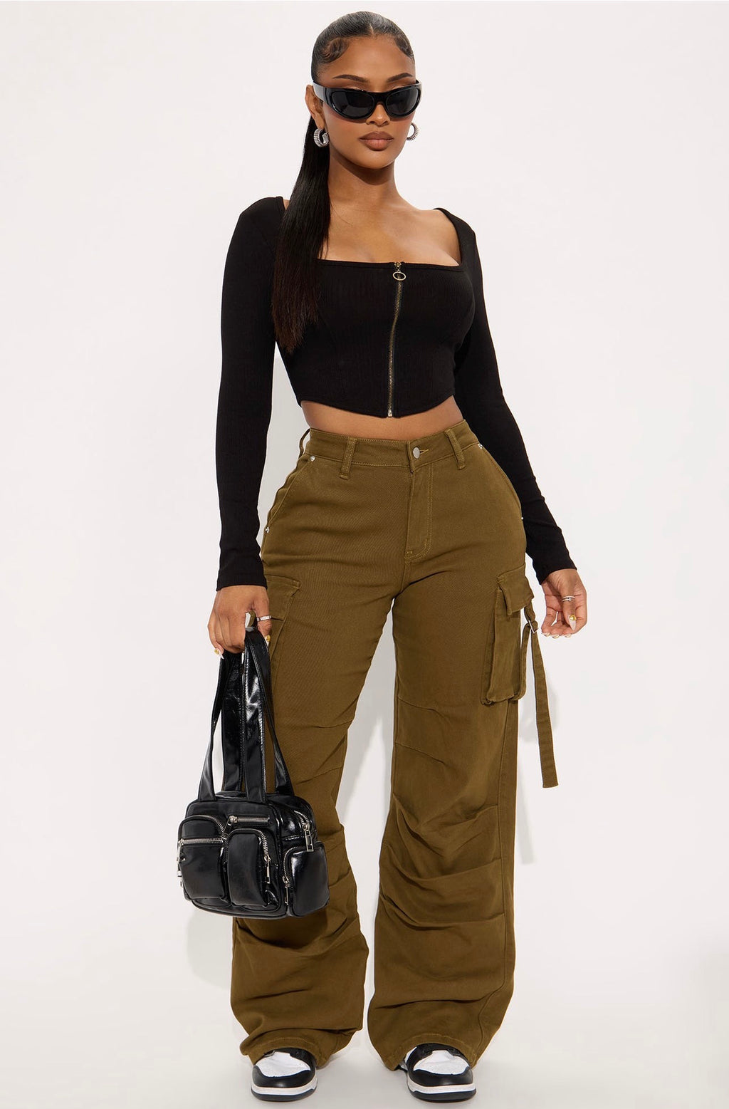 Black Ribbed Long Sleeve Corset Top with O-Ring Zipper