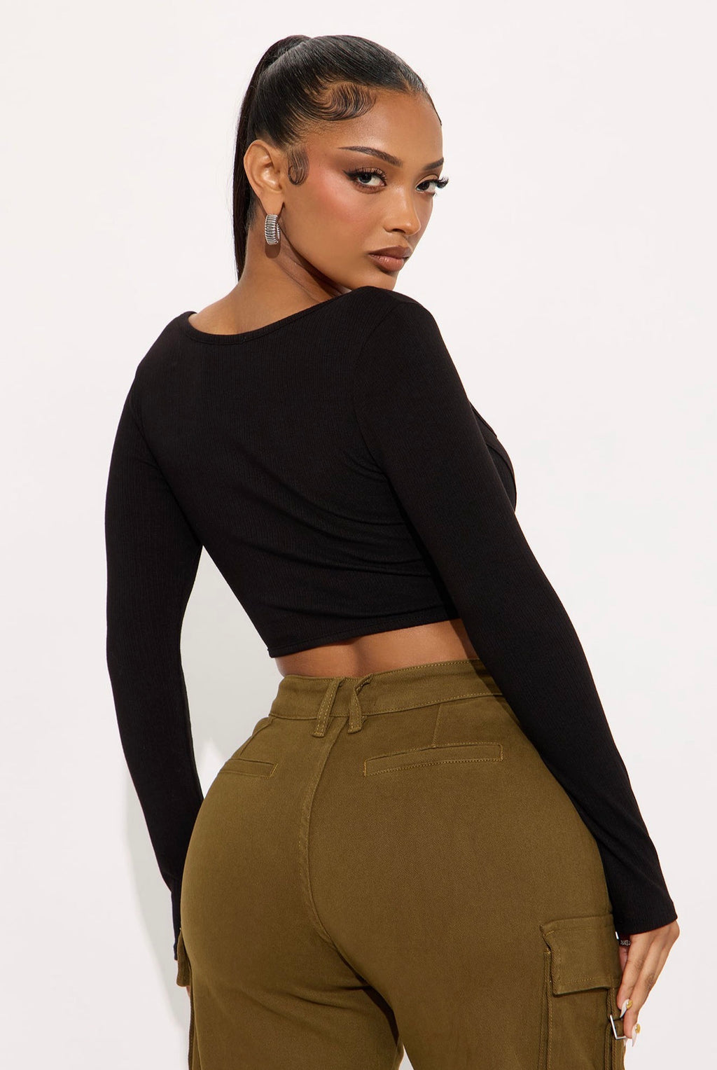 Black Ribbed Long Sleeve Corset Top with O-Ring Zipper