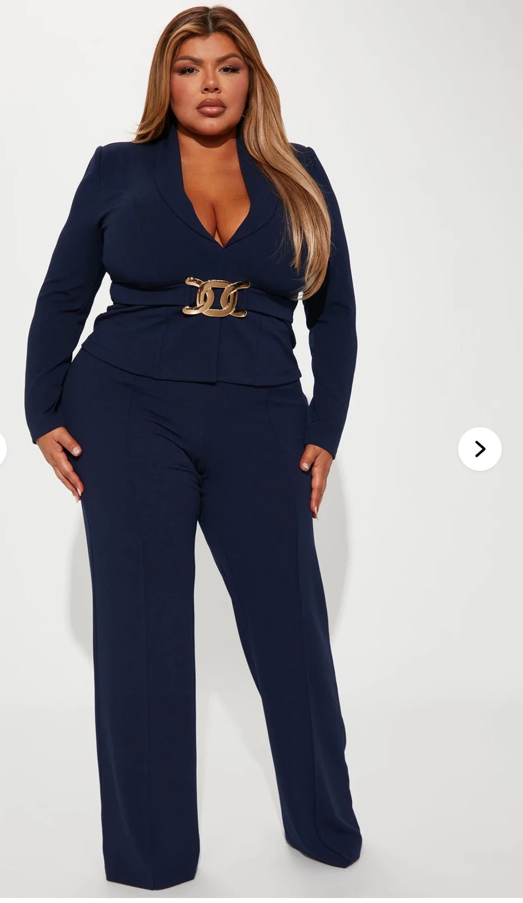 Navy Blue Tailored Blazer & Wide Leg Pant Set - Gold Chain Belt Included