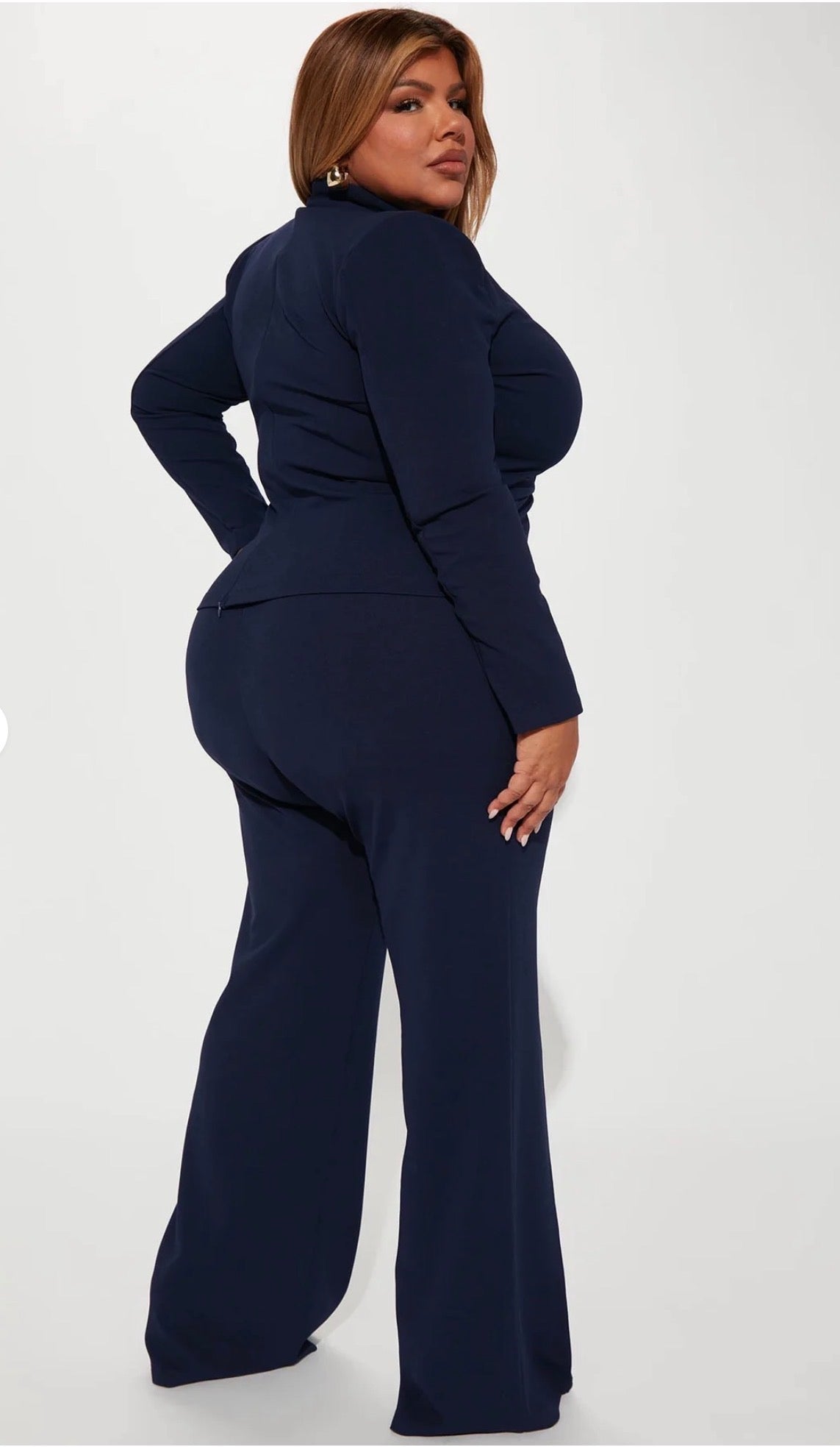 Navy Blue Tailored Blazer & Wide Leg Pant Set - Gold Chain Belt Included